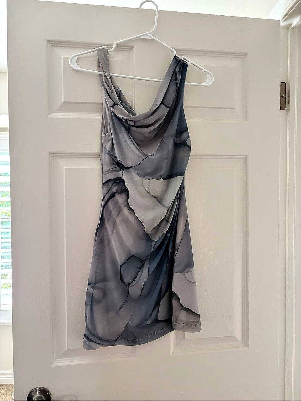 Abstract Draped Mini Dress in Gray & Black Like New